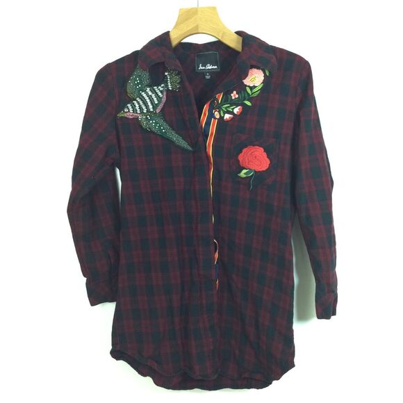 Sam Edelman Patchwork Flannel Sparrow Embellished Plaid Button Shirt Red Small - Picture 10 of 10